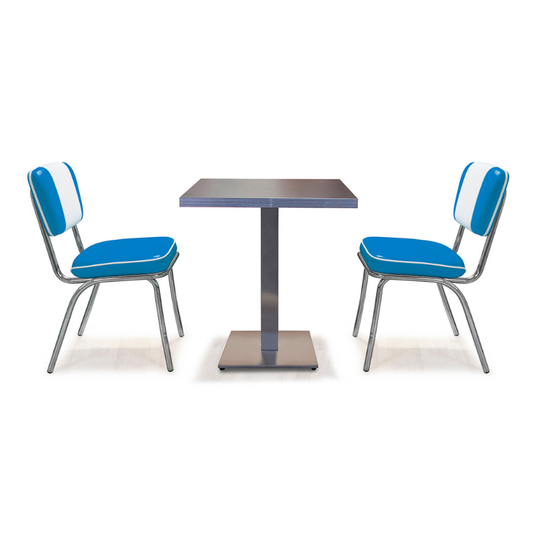 American Dinerset Diner Sitzgruppe 1  mit Kunstlederbezug in Hellblau-Weiß. Set mit 2x Stühlen und 1x Tisch mit schwarzer Tischplatte. Gastronomiemöbel von Möbelland24