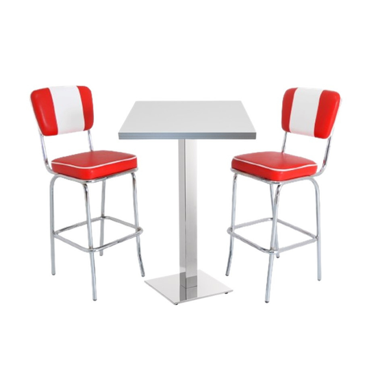 American Dinerset Diner Barset mit Kunstlederbezug in Rot-Weiß. Set mit 2x Barstühlen und 1x Bartisch mit weißer Tischplatte. Gastronomiemöbel von Möbelland24