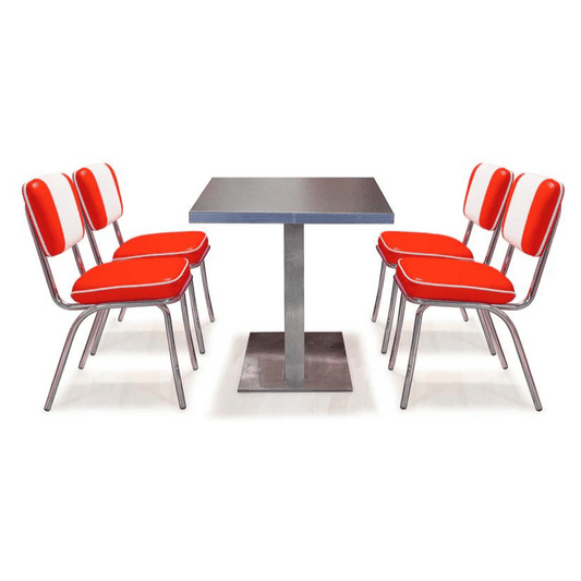 American Dinerset Diner Sitzgruppe 2  mit Kunstlederbezug in Rot-Weiß. Set mit 4x Stühlen und 1x Tisch mit schwarzer Tischplatte. Gastronomiemöbel von Möbelland24
