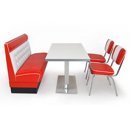 American Dinerset Chicago Set I  mit Kunstlederbezug in Rot-Weiß. Set mit 1x Dinerbank, 2x Stühlen und 1x Tisch. Gastronomiemöbel von Möbelland24.