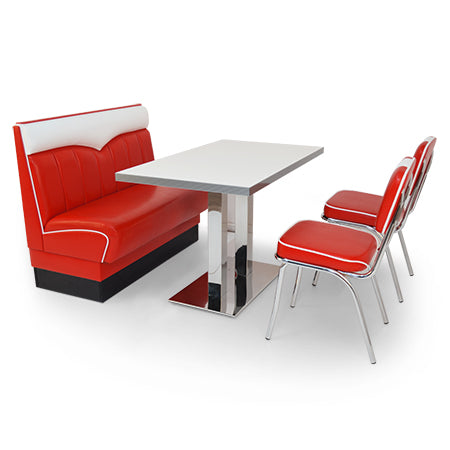 American Dinerset London Set I  mit Kunstlederbezug in Rot-Weiß. Set mit 1x Dinerbank, 2x Stühlen und 1x Tisch. Gastronomiemöbel von Möbelland24.