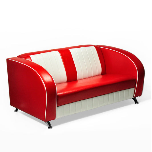 American Dinersofa Colorado mit Kunstlederbezug in Rot-Weiß. Rückensteppung zweifarbig. Füße sind aus Chrom. Gastronomie Sitzbank von Möbelland24.