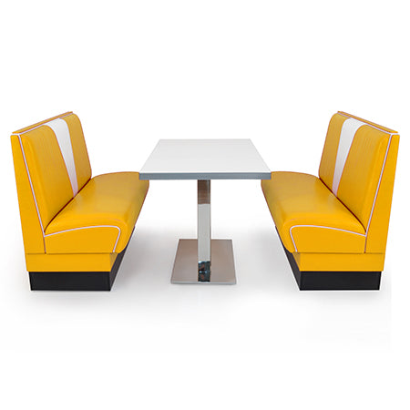 American Dinerset V Set II mit Kunstlederbezug in Gelb-Weiß. Set mit 2x Dinerbank und 1x Tisch. Gastronomiemöbel von Möbelland24.