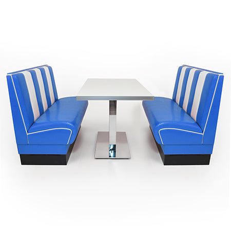 American Dinerset Viber 2 Set II mit Kunstlederbezug in Blau-Weiß. Set mit 2x Dinerbank und 1x Tisch. Gastronomiemöbel von Möbelland24..