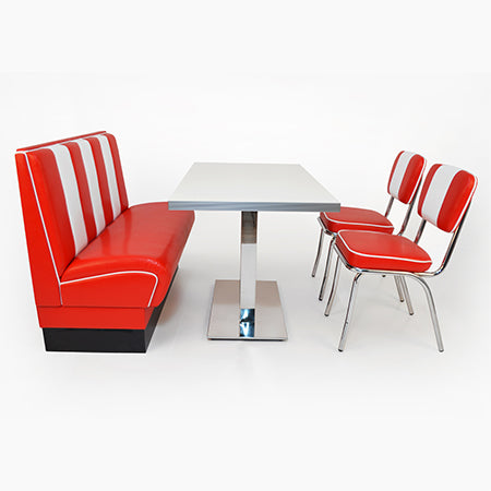 American Dinerset Viber 2 Set I  mit Kunstlederbezug in Rot-Weiß. Set mit 1x Dinerbank, 2x Stühlen und 1x Tisch. Gastronomiemöbel von Möbelland24.