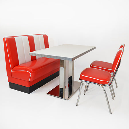 American Dinerset Viber Set I  mit Kunstlederbezug in Rot-Weiß. Set mit 1x Dinerbank, 2x Stühlen und 1x Tisch. Gastronomiemöbel von Möbelland24.