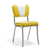 American Retro Stuhl 1 mit Kunstlederbezug in Gelb-Weiß. Stuhlgestell aus Chrom mit eckiger Sitzfläche. Gastronomiemöbel von Möbelland24.