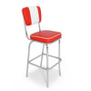 American Diner Barstuhl mit Kunstlederbezug in Rot-Weiß. Stuhlgestell aus Chrom mit eckiger Sitzfläche. Gastronomiemöbel von Möbelland24.