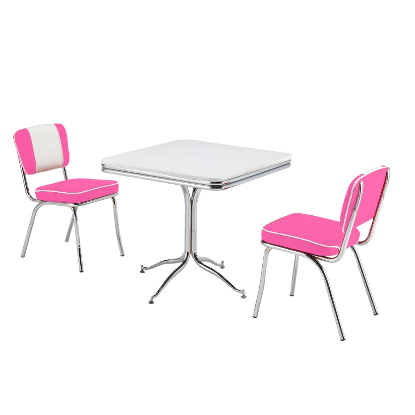 Sitzgruppe mit vier Retro Stühlem in pink-weißem Kunstlederbezug und Chromgestell. American Dinertisch, abgerundeter Chromkante und Chromfuß weißer Tischplatte.