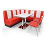 American Dinerset Viber Set XXL mit Kunstlederbezug in Rot-Weiß. Set mit 1x Diner-Eckbank, 2x Stühlen und 1x Tisch. Gastronomiemöbel von Möbelland24.