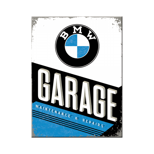 BMW - Garage Magnet von Nostalgic Art. Rundes BMW Logo in schwarz mit weißen im Kreis verlaufenden Buchstaben am oberen Rand und mittig einem kleineren Kreis in blau-weißen vierteln. In der unteren Hälfte steht in Weiß auf schwarzem Grund Garage und darunter auf blauf in weißer Schrift Maintenance & Repairs.