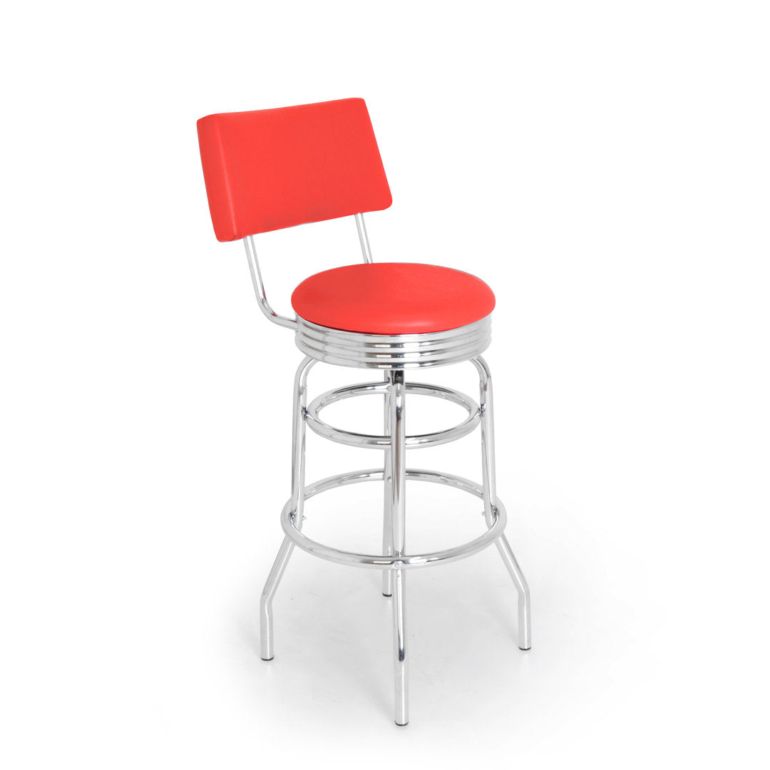 American Barhocker Marilyn mit Kunstlederbezug in Rot. Stuhlgestell aus Chrom mit runder Sitzfläche. Gastronomiemöbel von Möbelland24.