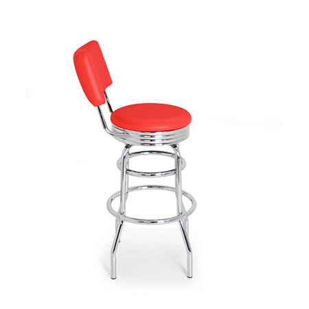 American Barhocker Marilyn mit Kunstlederbezug in Rot. Stuhlgestell aus Chrom mit runder Sitzfläche. Gastronomiemöbel von Möbelland24.