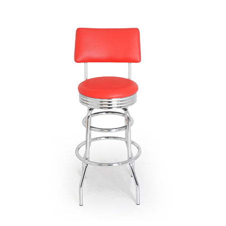 American Barhocker Marilyn mit Kunstlederbezug in Rot. Stuhlgestell aus Chrom mit runder Sitzfläche. Gastronomiemöbel von Möbelland24.