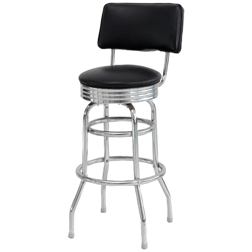 American Barhocker Marilyn mit Kunstlederbezug in Schwarz. Stuhlgestell aus Chrom mit runder Sitzfläche. Gastronomiemöbel von Möbelland24.