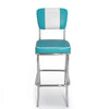 American Diner Barstuhl mit Kunstlederbezug in Türkis-Weiß. Stuhlgestell aus Chrom mit eckiger Sitzfläche. Gastronomiemöbel von Möbelland24.