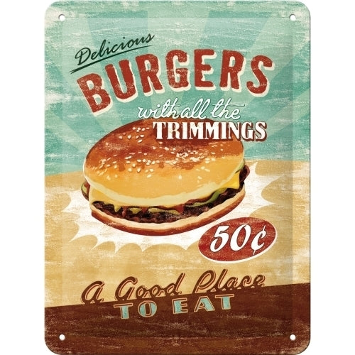 Delicious Burgers Blechschild von Nostalgic Art. intergrund dreiteilig aufgeteilt in verwaschenen Farben blau, gelb und braun. Delicious Burgers with al Trimminkgs steht im blauen Bereich, ein Hamburger im blauen-gelben Bereich darunter 50Cent Logo und a Good Place Schriftzug und im braunen Bereich steht to Eat.