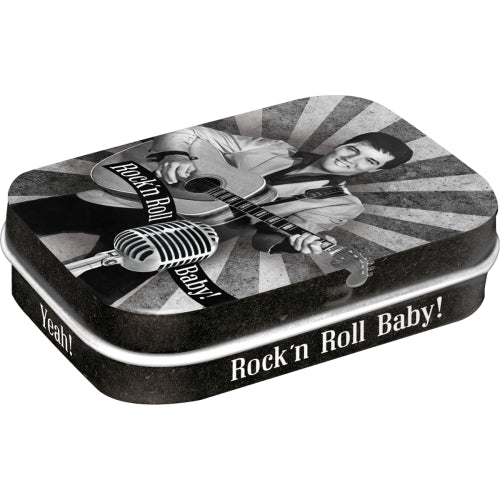 Pfefferminzdose Motiv Elvis - Rock`n Roll von Nostalgic Art. Design in schwarz-weiß, Elvis mit einer Gitarre in der Hand.