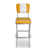 American Diner Barstuhl mit Kunstlederbezug in Gelb-Weiß. Stuhlgestell aus Chrom mit eckiger Sitzfläche. Gastronomiemöbel von Möbelland24.