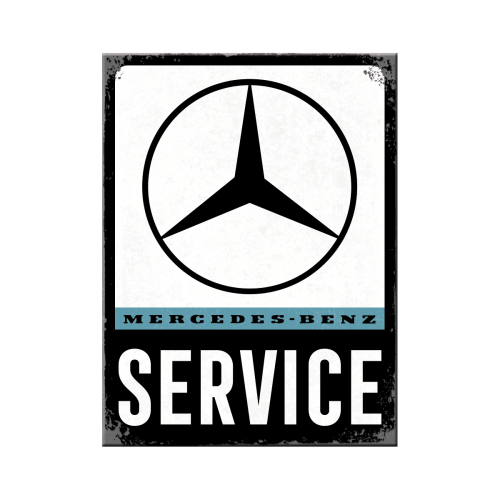 Mercedes-Benz - Service Magnet  von Nostalgic Art. Schwarzer Mercedes Stern auf weißem Hintergrund, darunter steht Mercedes-Benz in schwarz auf einem schmalen Streifen in graublau. Und im unteren Viertel ein weißer Schriftzug Service iauf schwarzem Hintergrund. 