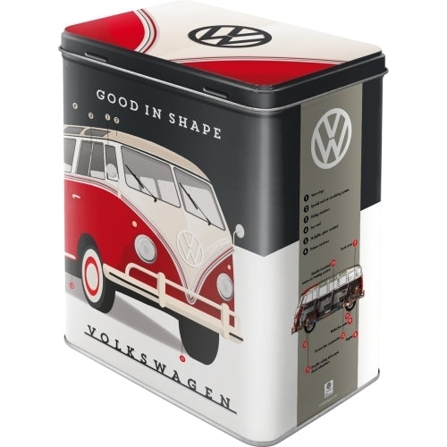 Vorratsdose L Movit VW Good in Shape von Nostalgic Art. Vorne und Hinten ist ein VW Bullie in Rot-Weiß zu sehen. Good in Shape - Volkswagen Schriftzug.