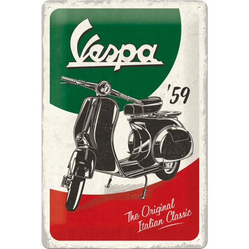 Blechschild Motiv Vespa von Nostalgic Art. Hintergrundfarben der italienischen Flagge in grün, weiß und rot mit einer schwarz-weißen Vespa mittig und dem Schriftzug Vespa ´59 The OriginalItalien Classic.