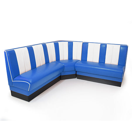American Dinerset Viber Set XXL mit Kunstlederbezug in Blau-Weiß. Set mit 1x Diner-Eckbank, 2x Stühlen und 1x Tisch. Gastronomiemöbel von Möbelland24.