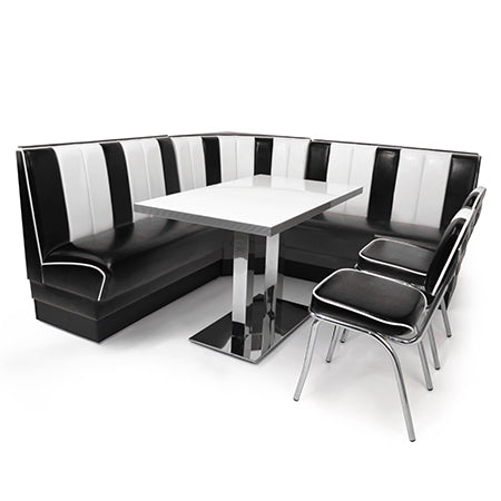 American Dinerset Viber Set XXL mit Kunstlederbezug in Schwarz-Weiß. Set mit 1x Diner-Eckbank, 2x Stühlen und 1x Tisch. Gastronomiemöbel von Möbelland24.