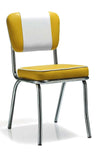 American Retro Stuhl 1 mit Kunstlederbezug in Gelb-Weiß. Stuhlgestell aus Chrom mit eckiger Sitzfläche. Gastronomiemöbel von Möbelland24.