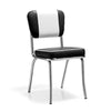 American Retro Stuhl 1 mit Kunstlederbezug in Schwarz-Weiß. Stuhlgestell aus Chrom mit eckiger Sitzfläche. Gastronomiemöbel von Möbelland24.